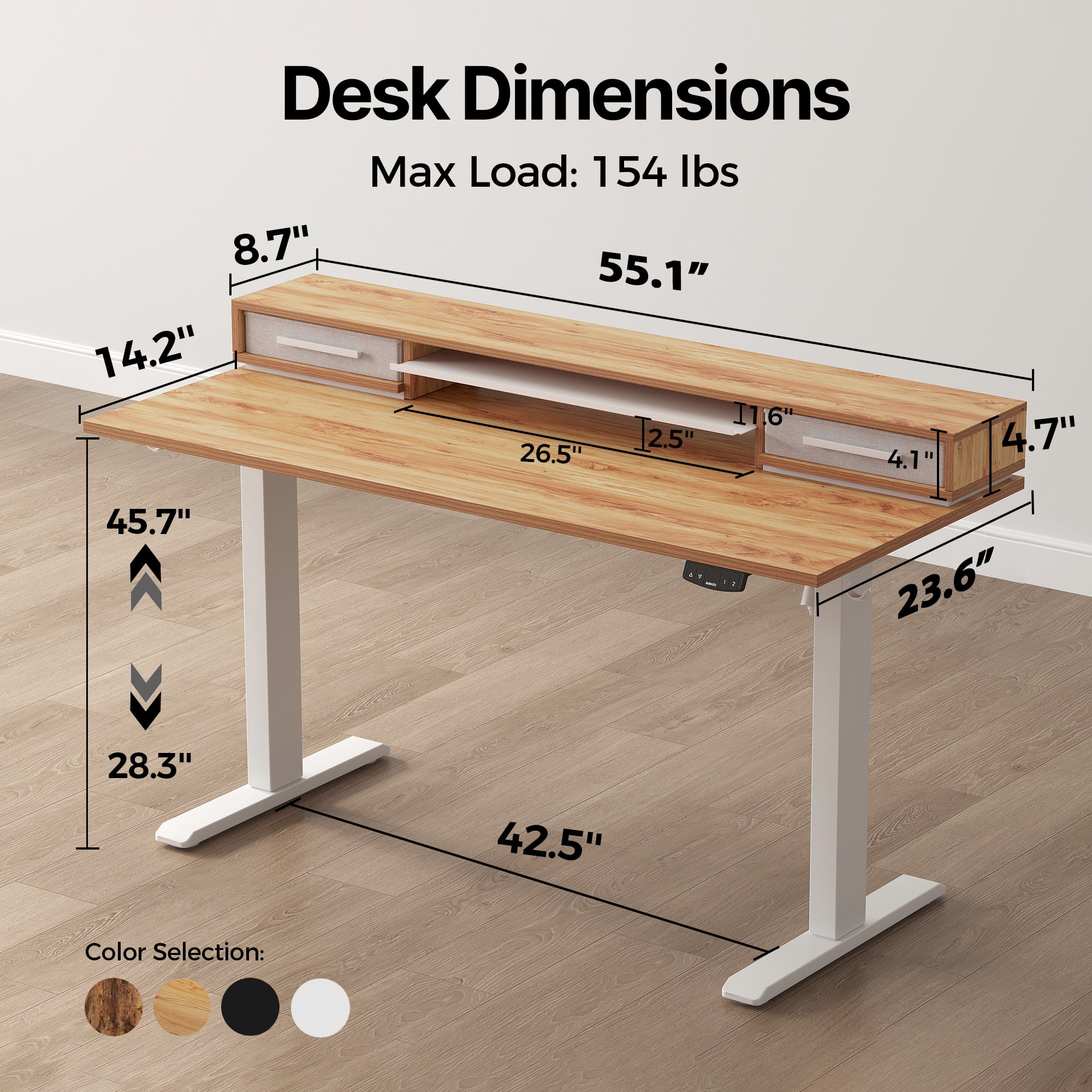 55.1 Inch Electric Standing Desk with Double Drawers ,Stand up Desk with Storage Shelf, Height Adjustable Home Office Desk with Hooks, Computer Workstation for Home and Office, Light Rustic Brown