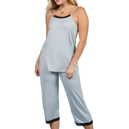 

Doublju Women s Sleeveless Lace Top Capri Pajama 2 Pcs Set (Plus Size Available)