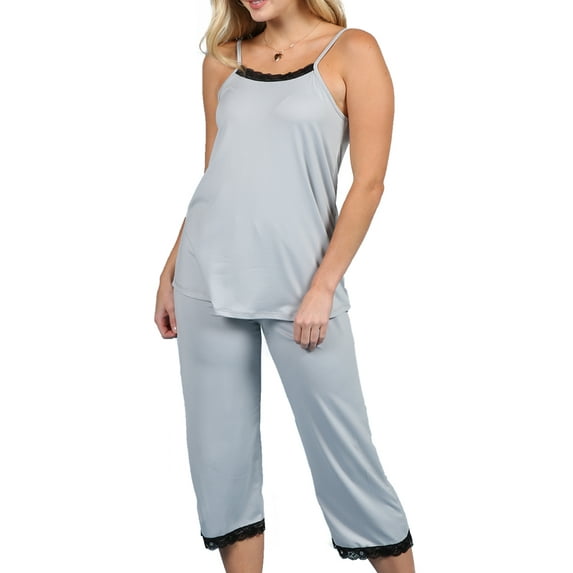 Doublju Women's Sleeveless Lace Top Capri Pajama 2 Pcs Set (Plus Size Available)