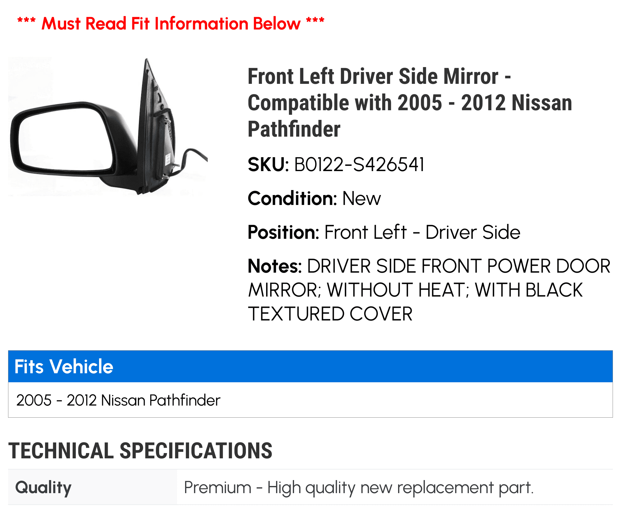 Front Left Driver Side Mirror - Compatible with 2005 - 2012 Nissan Pathfinder 2006 2007 2008 2009 2010 2011