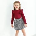 thumbnail image 6 of Toddler Girl 2Pcs Outfits Set Solid Ruffle Long Sleeve Ribbed T-Shirt Knit Tops Plaid Button Skirts Set Spring Fall Winter Clothes Kid 2-7 Years, 6 of 11