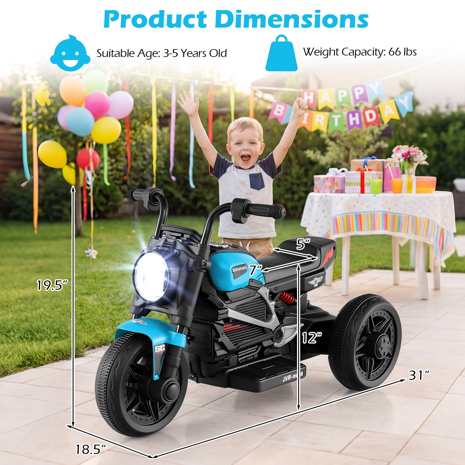 Costway 6V Kids Motorcycle with Song,Story,LED Headlights,Accelerator Pedal & 3 Wheels, Blue & Black