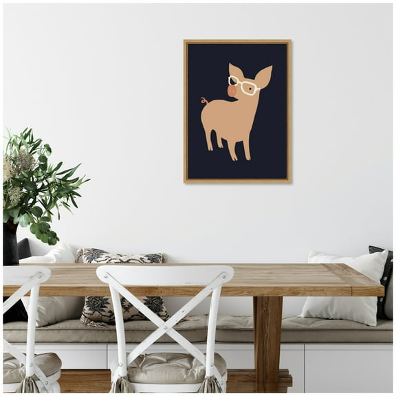 Kate and Laurel Farm Pig Framed Canvas Wall Art  by Hannah Beisang 18 x 24 Sylvie Natural, Whimsical, Animals, Humor Art for Wall Decor, Living Room, Bedroom