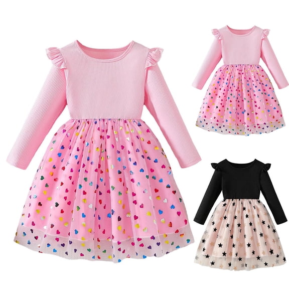 THDHVS Flower Girl Dress,Girls Star Print Ruffle Sleeve Dress Round Neck Mesh Tutu Hem Princess Party Formal,Girls' Dresses 3-4 Years