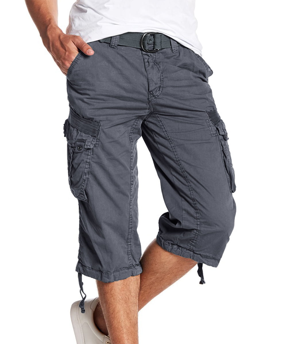 X RAY Men's Belted Tactical Cargo Long Shorts 18 Inseam Below Knee Length Multi Pocket 3/4 Capri Pants 
