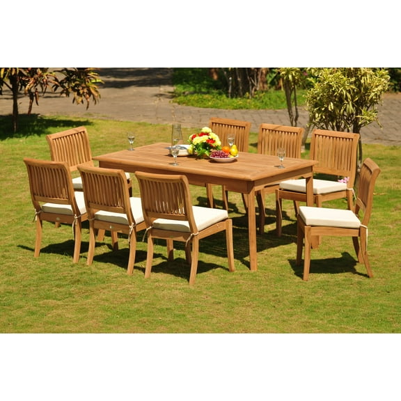 Teak Dining Set: 8 Seater 9 Pc: 71" Rectangle Table & 8 Stacking Arbor Armless Chairs Outdoor Patio Grade-A Teak Wood WholesaleTeak #WMDSABs