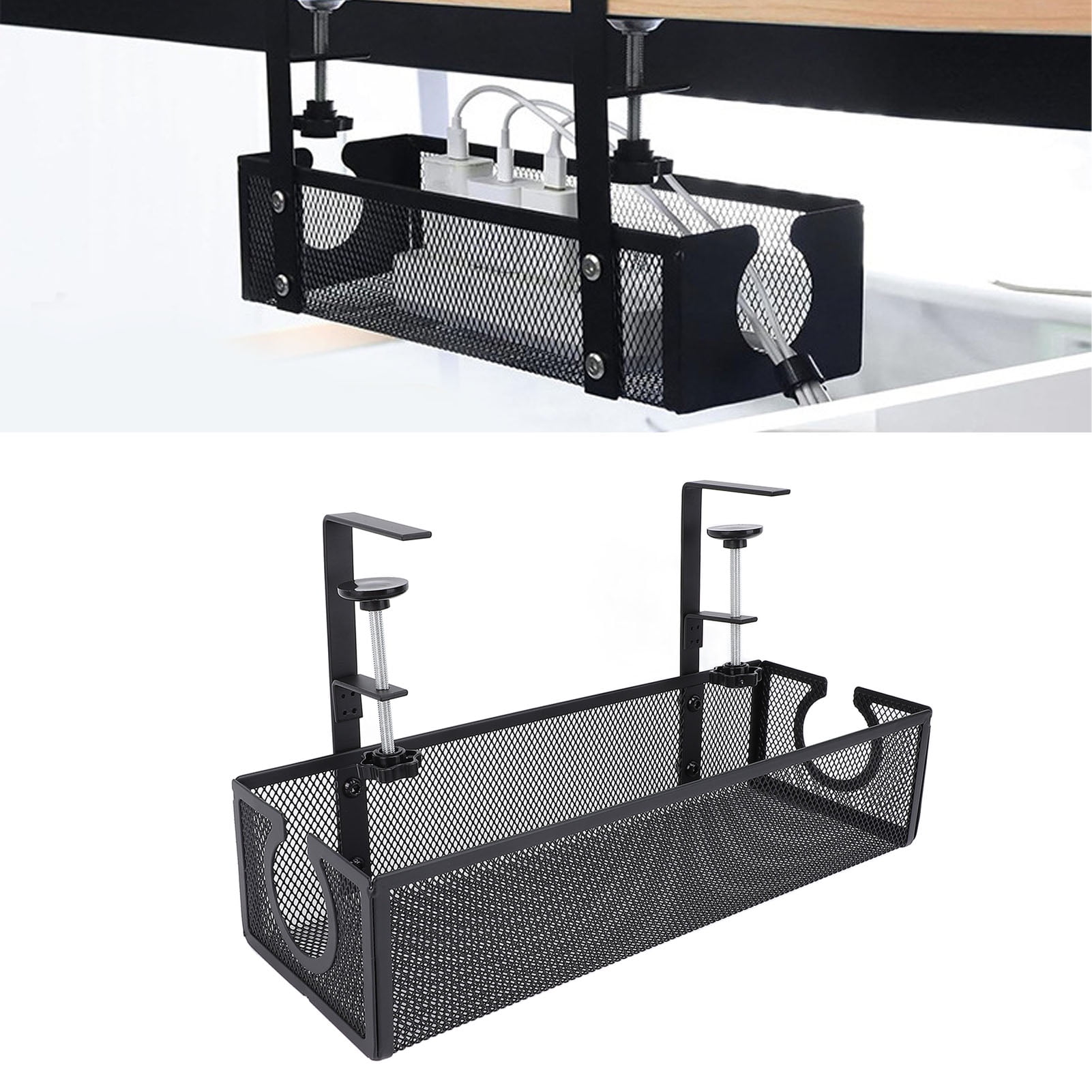 Riousery Under Desk Cable Management Tray, Carbon Steel Cord Organizer Basket for Study Office, Includes Ties & Mounting Hardware, Black, 13.77 inches / 35 cm
