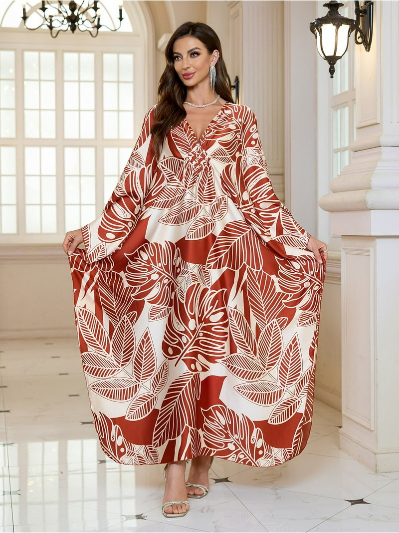 Cfcsrp Caftans for Women Plus Size Orange Green Mudan Print Kaftan Dresses Swimsuit Cover Up Beach Maxi Loungewear