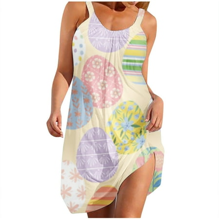 

jsaierl Easter Dresses for Women Rabbit Egg Print Summer Dresses Flowy Sleeveless Midi Dress A-Line Tank Dresses Happy Easter Gift for Women