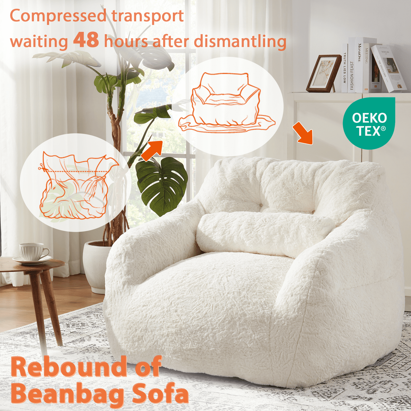 Ebenchico 3.8ft Oversized Bean Bag Chair for Adults Teens Kids, Beanbag Chairs with Pillow, Reading Gaming Relaxing Chair, White