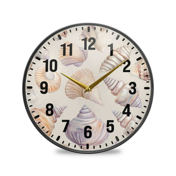 Yayeee Wall Clock Battery Operated 9.5" Silent Quartz Non-Ticking for Living Room Decor, Orange Watercolor Seashells