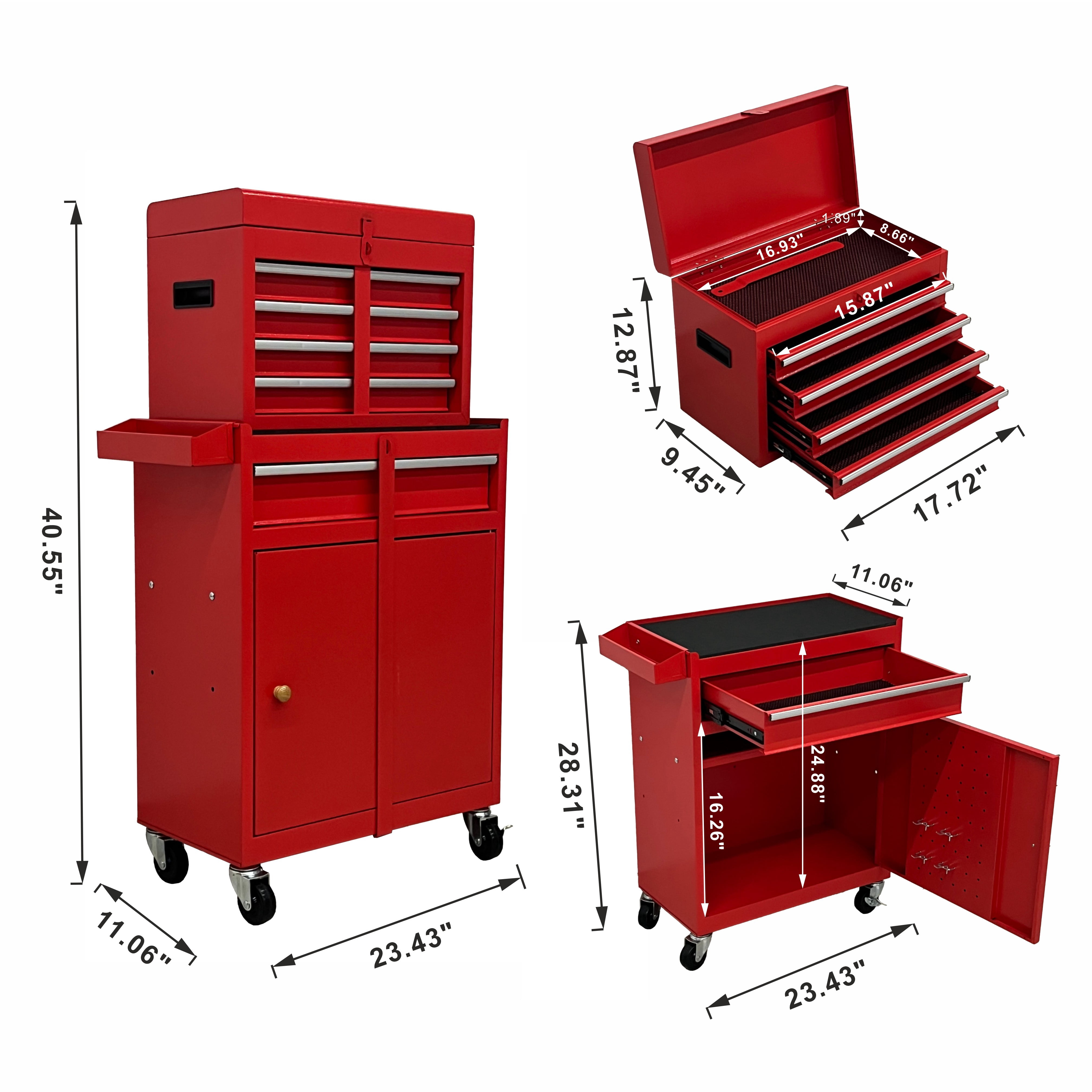 5 Drawer Rolling Tool Chest, Metal Tool Storage Cabinet with Detachable Top, Sliding Drawers, Lockable Wheels and Lock‑System, Tool Cart Organizer for Garage Workshop, Red