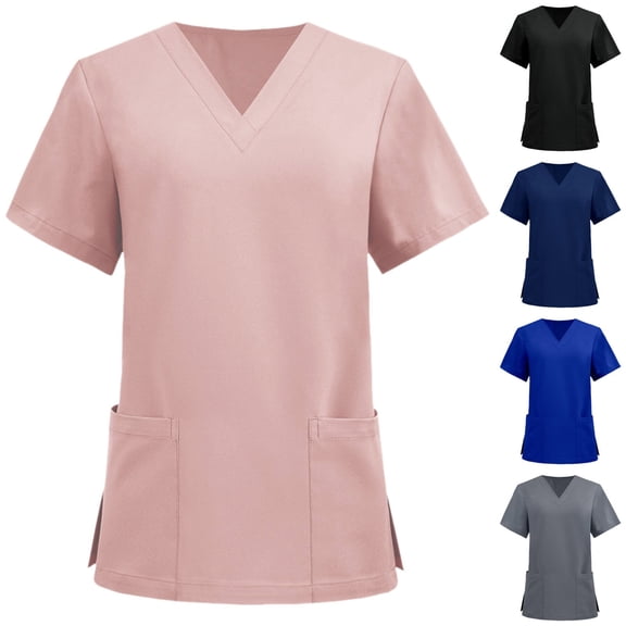 GEWSEY Scrub Tops for Women Breathable Stretch Fabric V-Neck Scrub Shirts, 2 Pocket Comfortable Scrub Tops (Pink, XXL)