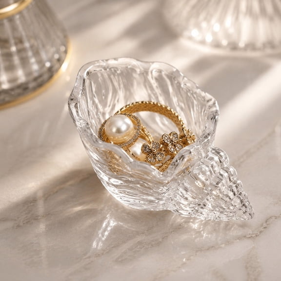 Gallickan Conch Shaped Glass Decorative Ornament, Clear Shell Trinket Tray for Coastal Ocean Style Tabletop Storage, Jewelry Dish for Home Bathroom Vanity, 1pc