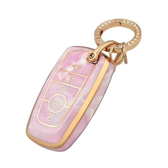 OFFCURVE key fob cover case keychain Compatible with Ford Soft TPU key case fit Expedition for Mustang Fusion Raptor F250 F350 F450 F550 Edge Explorer Smart Remote 5 Buttons PInk Gold
