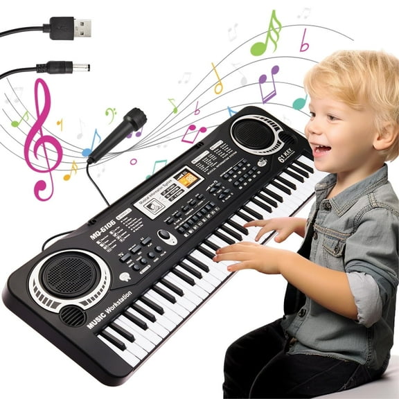 Anpro Baby Piano Toy for Kids, 61Keys Toddlers Musical Piano with Microphone, Musical Instrument Toys Gifts for Boys Girls 1 2 3 4 5 Years Old, Black