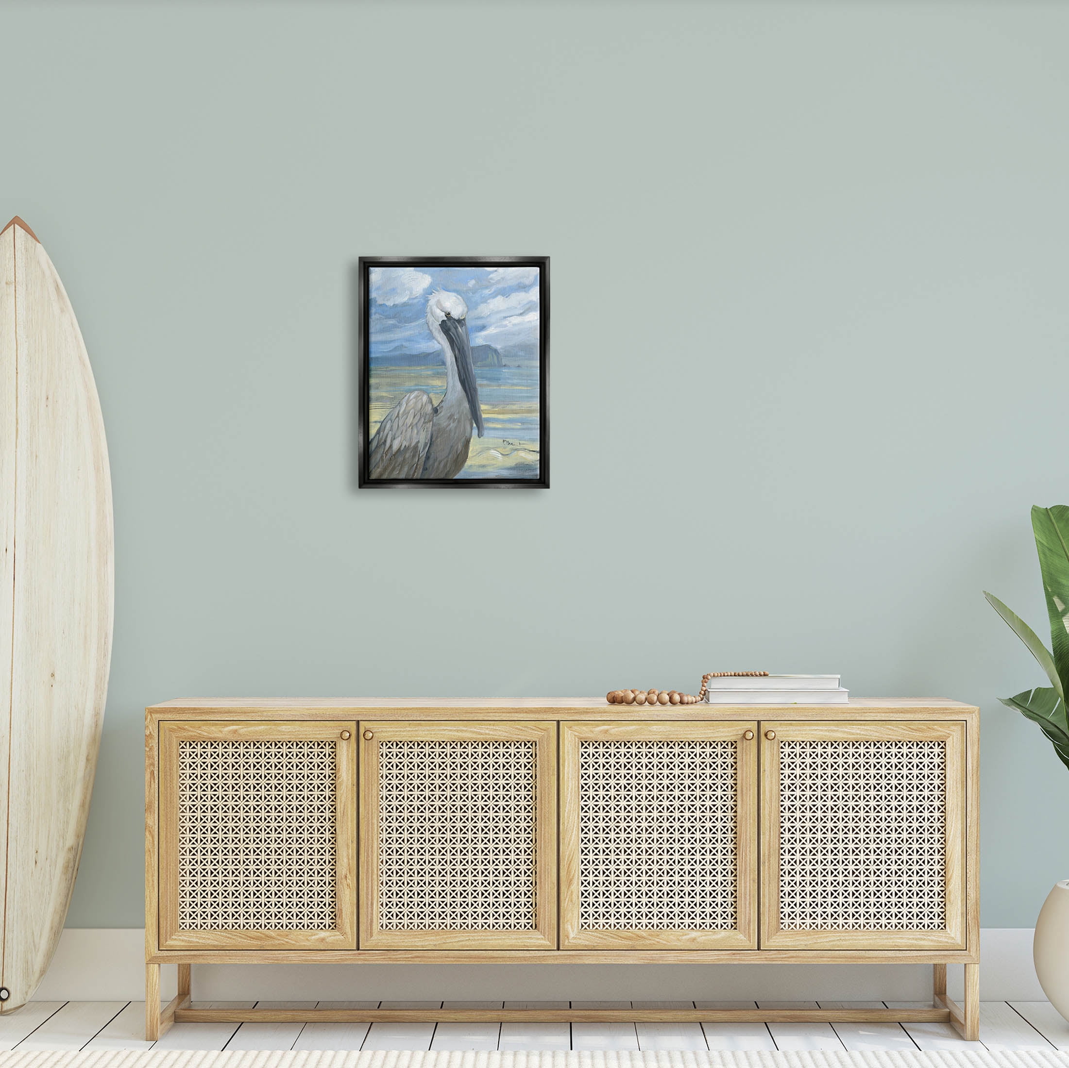 Stupell Industries Salty Pelican Cloudy Coastal beach Painting Jet Black Floating Framed Canvas Print Wall Art, Design by Paul Brent