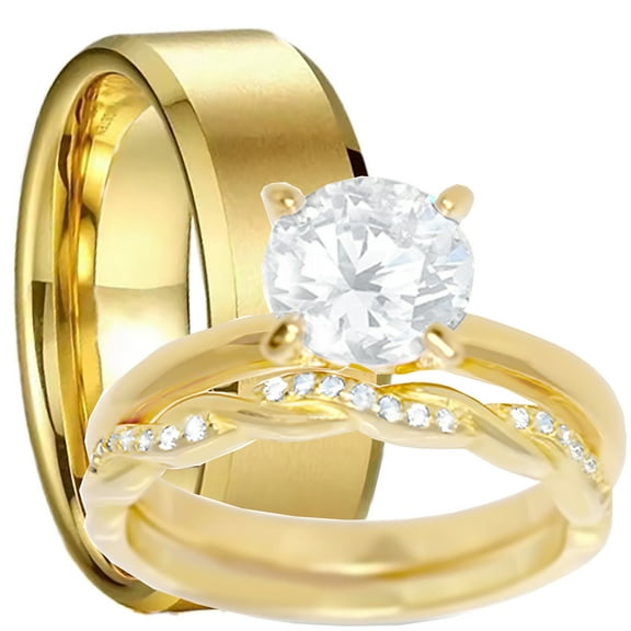 LaRaso & Co Wedding Trio Ring Set His & Her Round Cut Simulated Diamond 14k Yellow Gold Plated Her 10 Him 10