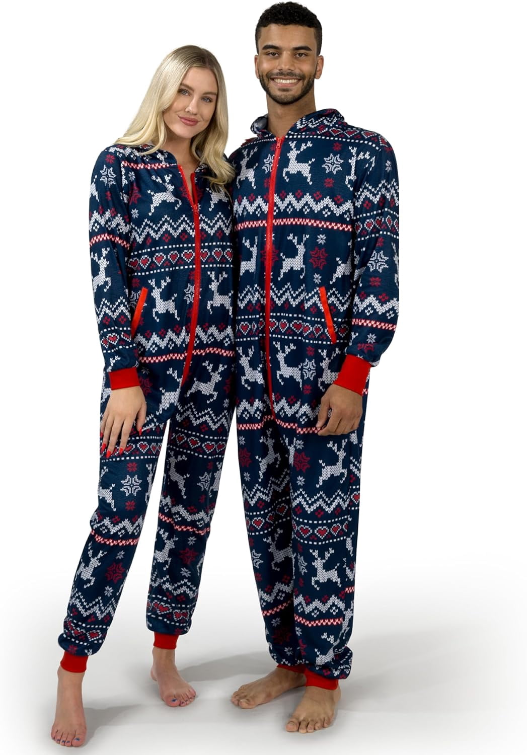 SYNCFUN Men's Christmas One-Piece Pajamas, Adult Fleece Plaid Hooded Full Zip One-Piece Pajamas Women, Women's Holiday Pajamas