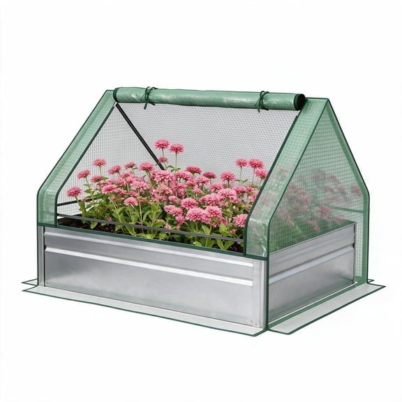 Raised Garden Bed with Mini Greenhouse, Galvanized Steel Planter Box with Cover for Herbs and Vegetables, Outdoor Patio Garden Balcony, Green Cover and Silver Planter