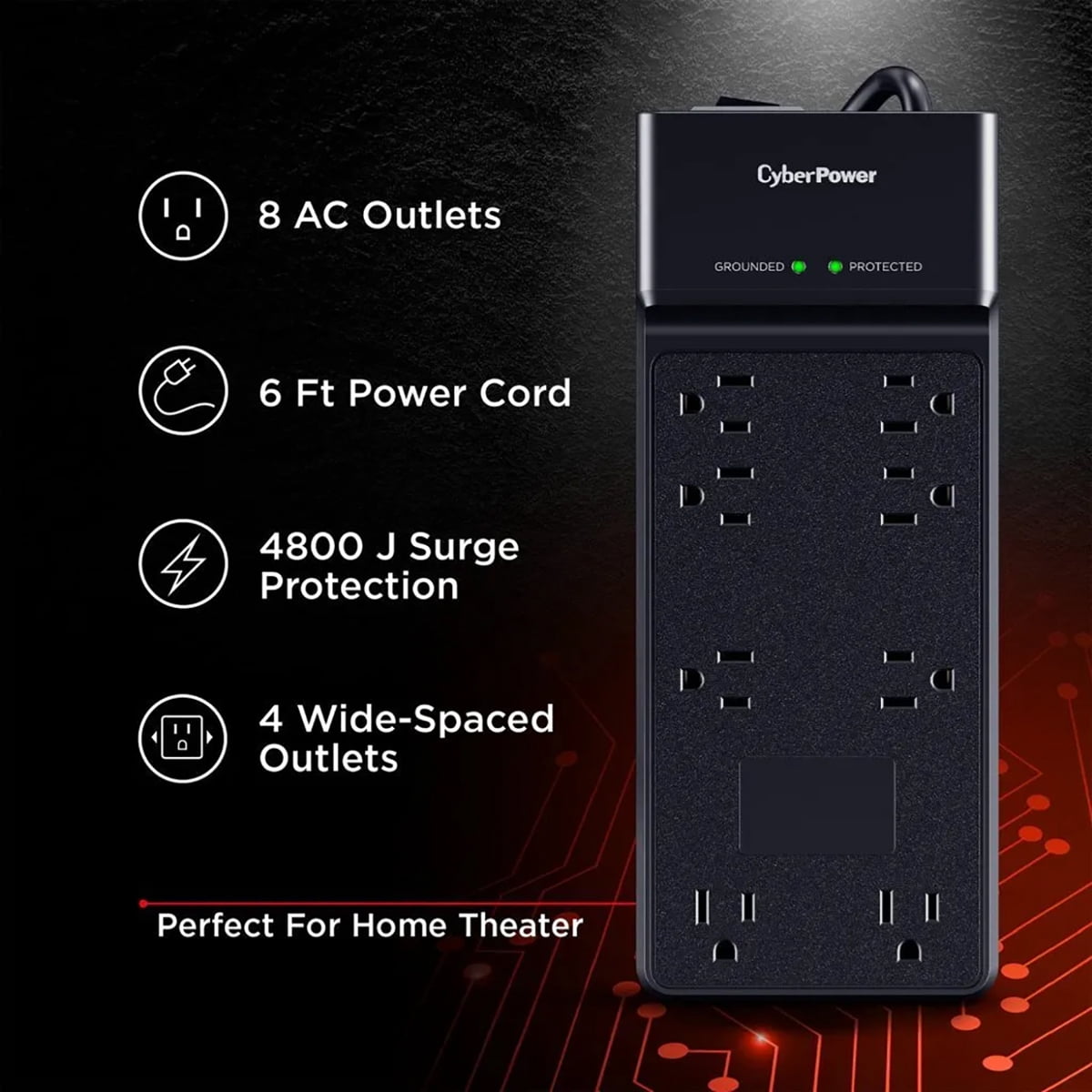 CyberPower CSB806R1 8-Outlet Essential Surge Protector with 6' Power Cord, Black