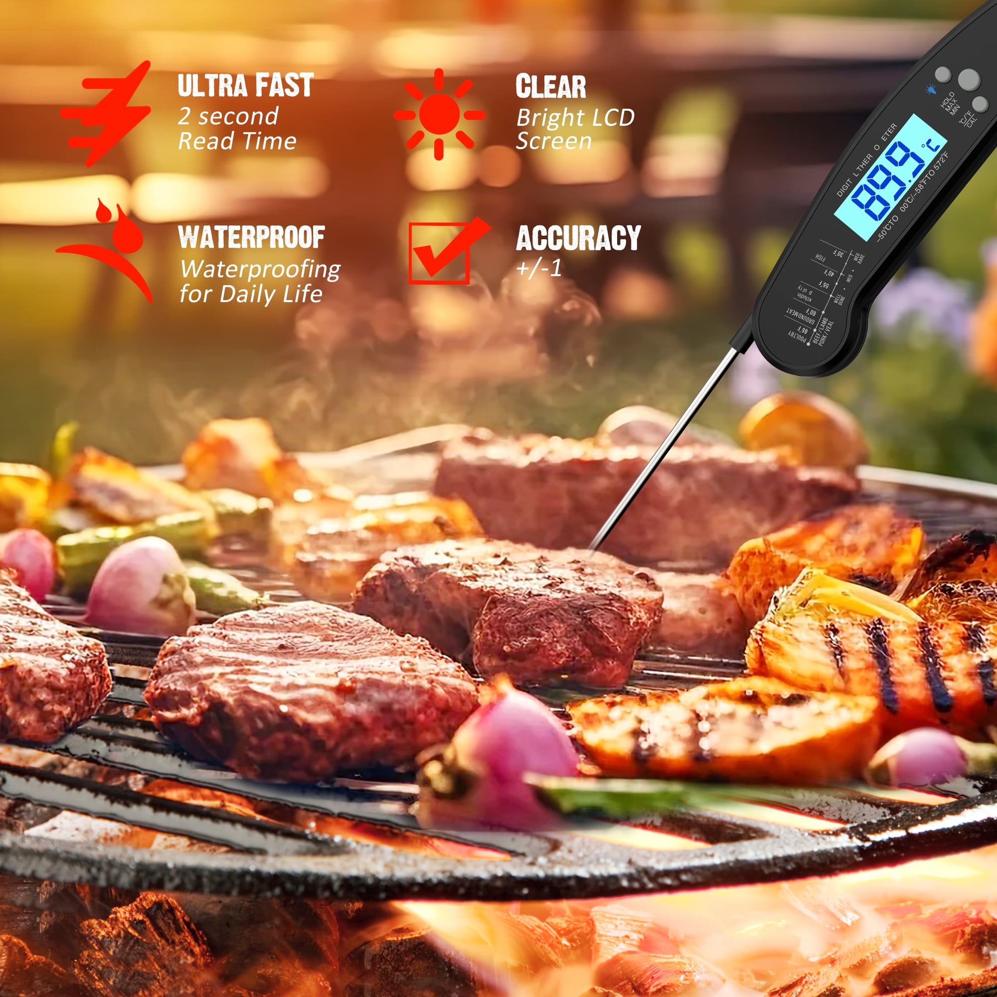 GCP Products Waterproof Digital Meat Thermometer Instant Read Cooking Bbq  Grilling Oven-Safe