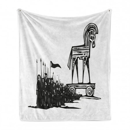 

Odyssey Soft Flannel Fleece Blanket Woodcut Inspired Expressionist Image of Greek Trojan Horse and Walking Men Cozy Plush for Indoor and Outdoor Use 60 x 80 Charcoal Grey White by Ambesonne