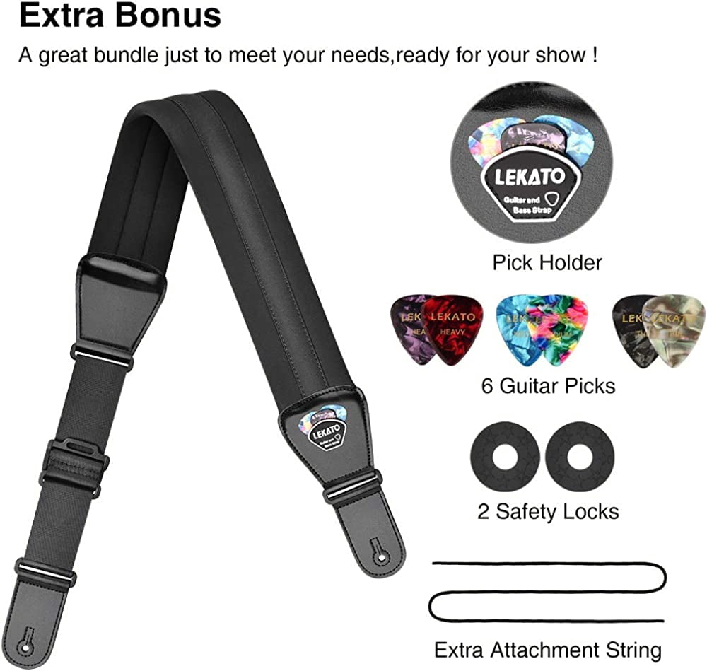 LEKATO Bass Guitar Strap for Electric Guitar & Bass 3" Wide Guitar Straps Padded Bass Guitar Strap Adjustable Length from 38" to 47" Bass Guitar Straps with Pick Holder 2 Safety Strap Locks & 6 Picks