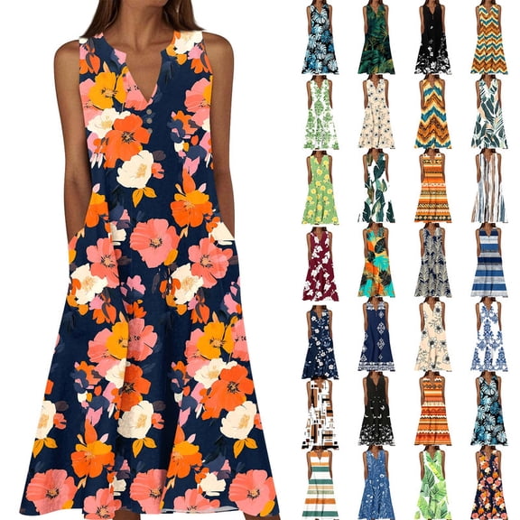 cocolona Womens Summer Dresses V Neck Sleeveless Boho Floral Print Sundress Casual Loose Flowy Beach Long Dress