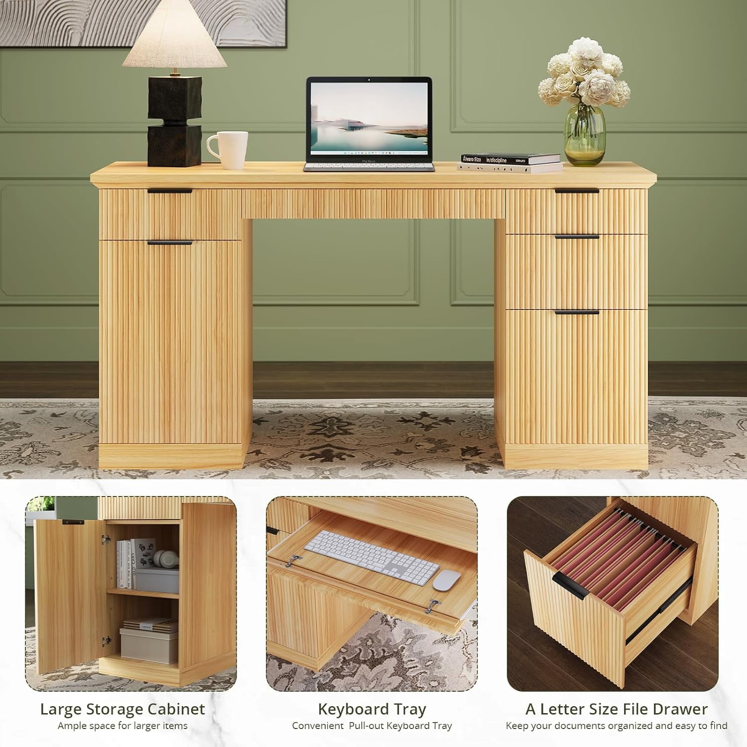 SELOOYE 58" Fluted Modern Desk with Storage, Home Office Desk with 1 File Cabinet & 5 Drawers, Wood Executive Computer Writing Desk for Study, Living Room, Bedroom, Natural Oak