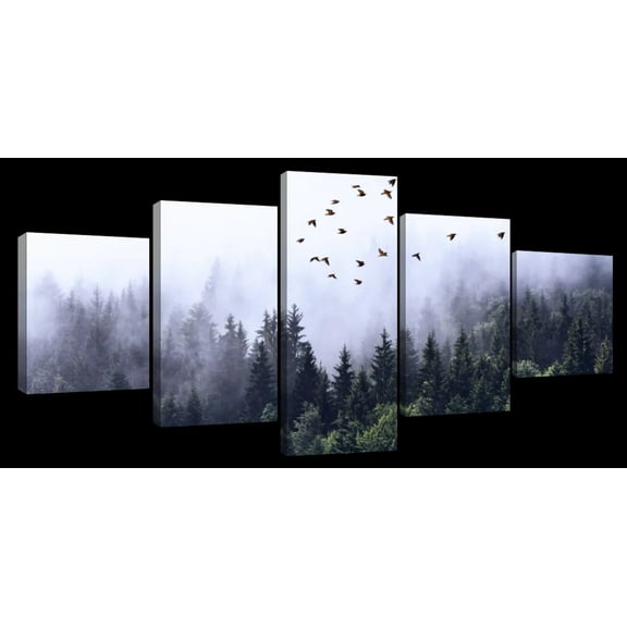 Elephant Stock Calming Forestscape Wall Art - Horizontal Multi Panel Canvas - 5 Pieceliving Room Wall Decor - Photography Wellness Multi Panel - Brown And Gray Decor - 29" x 12"