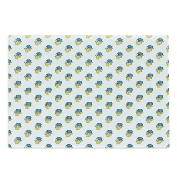 Hip Hop Cutting Board, Fashion Cat Wearing a Cap Scarf and Glasses Sketch Pattern, Decorative Tempered Glass Cutting and Serving Board, Large Size, Azure Blue Yellow, by Ambesonne