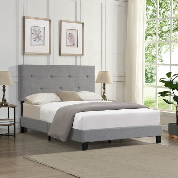 Gray Upholstered Platform Bed, Queen Size Bed Frame with Wooden Slat Support and Modern Button Tufted Linen Fabric Headboard, Heavy Duty Queen Bed Mattress Foundation, No Box Spring Required, Q17742