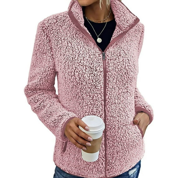 Wrcnote Women Solid Color Zip Up Outwear Zipper Winter Long Sleeve Coat Stand Collar Fleece Jacket Pink L