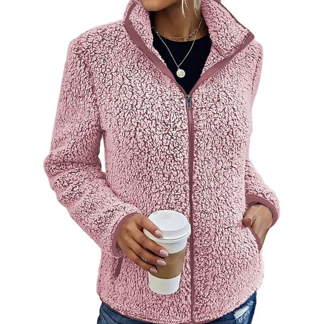 Avamo Women Outwear Stand Collar Coat Solid Color Overcoats Warm Fleece Jacket Work Pink S