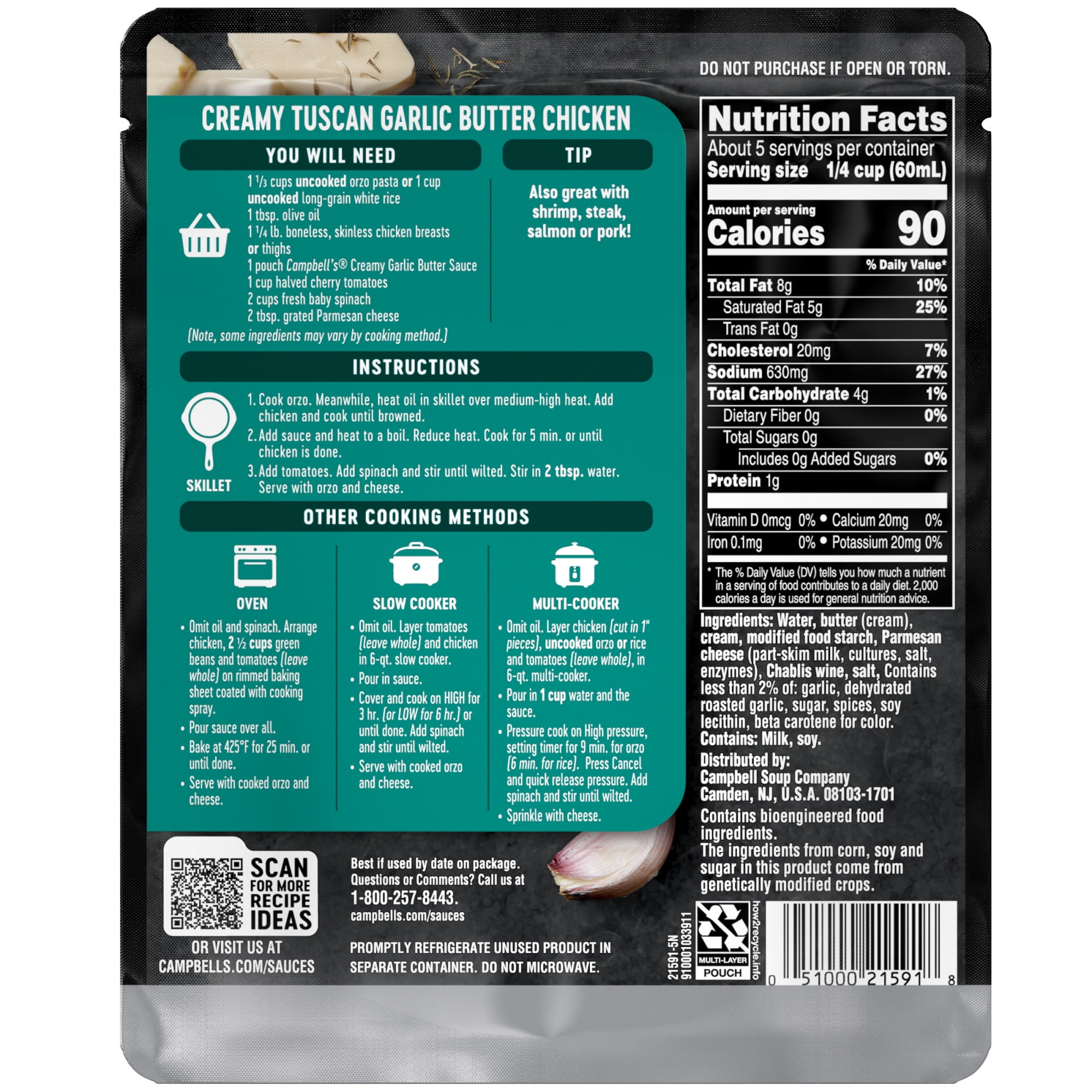 Campbell's Cooking Sauces, Creamy Garlic Butter Sauce, 12 oz Pouch