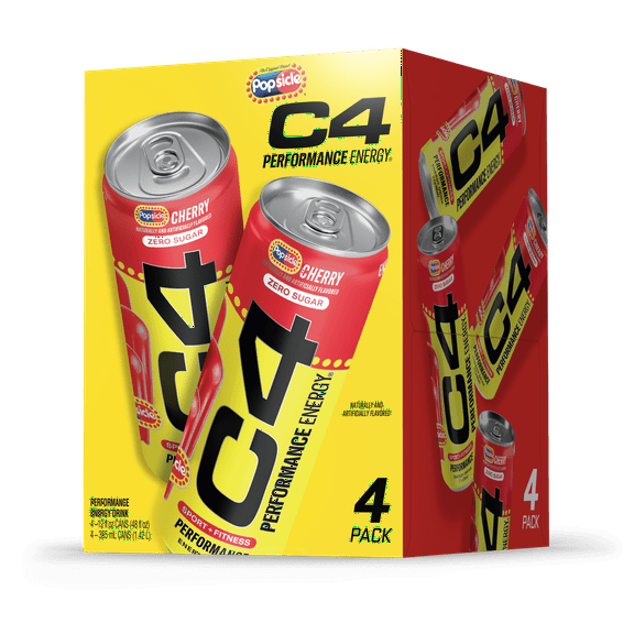 C4 Performance Energy Drink, Cherry Popsicle, 12oz, 4 Pack Cans