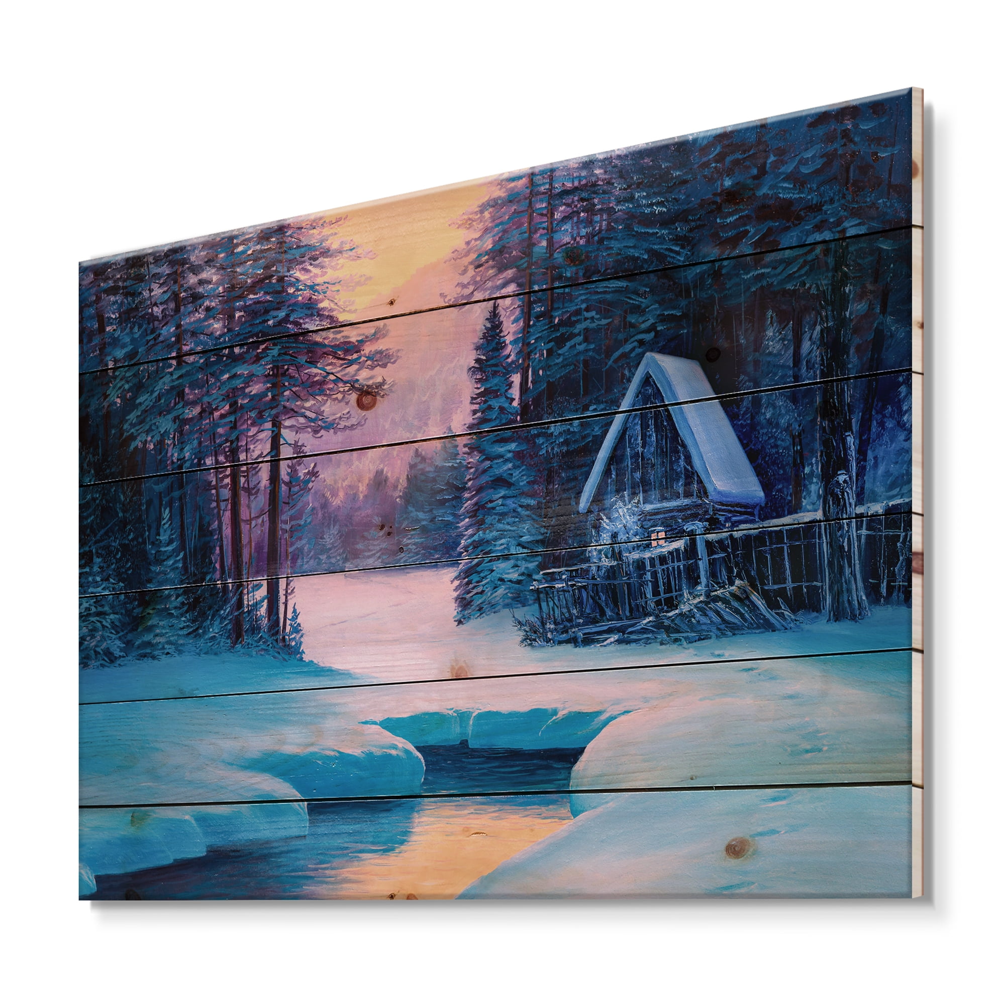 Designart 'The River House In The Woods and Winter Landscape II' Lake House Print on Natural Pine Wood