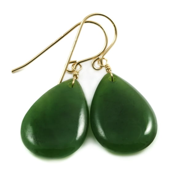 Green Jade Earrings Nephrite Smooth Wide Teardrops 14k Gold Filled Spyglass Designs