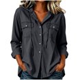 thumbnail image 5 of Women's Hooded Denim Shacket Oversized Button Down Long Sleeve Hoodie Jacket with Pockets Relaxed Fit Casual Coat for Daily Commute Weekend Outings, 5 of 9