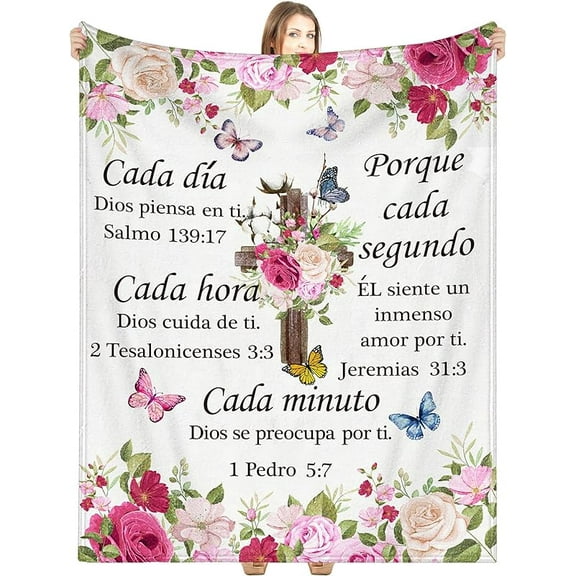 Pink Flower Christmas Spanish Christian Throw Blanket Religious Faith Bible Soft Gifts Inspirational Spiritual Scriptures Blanket for Christmas Women Teacher Mother Sister Friend Nurse, 60x50IN