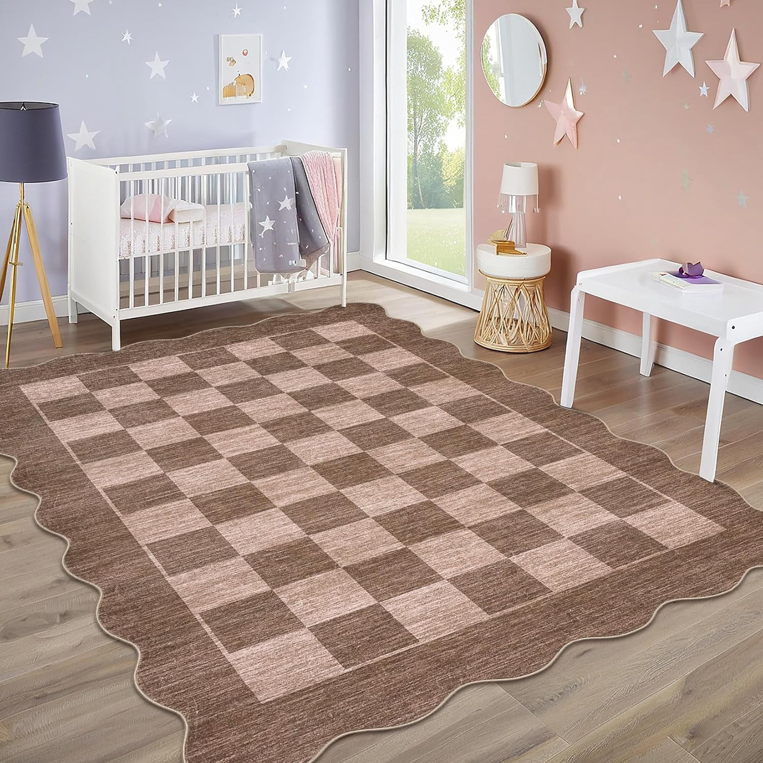 IdealHouse 5'x7' Washable Kitchen Rug, Non-Slip Low Pile Scalloped Checkerboard Farmhouse Entryway Mat, Soft Neutral Area Rug, Brown