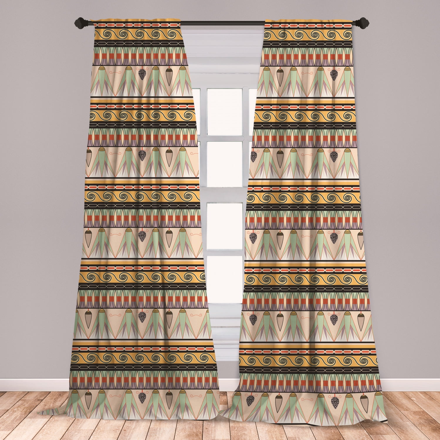 Egyptian Curtains 2 Panels Set, Colorful Abstract Borders Traditional