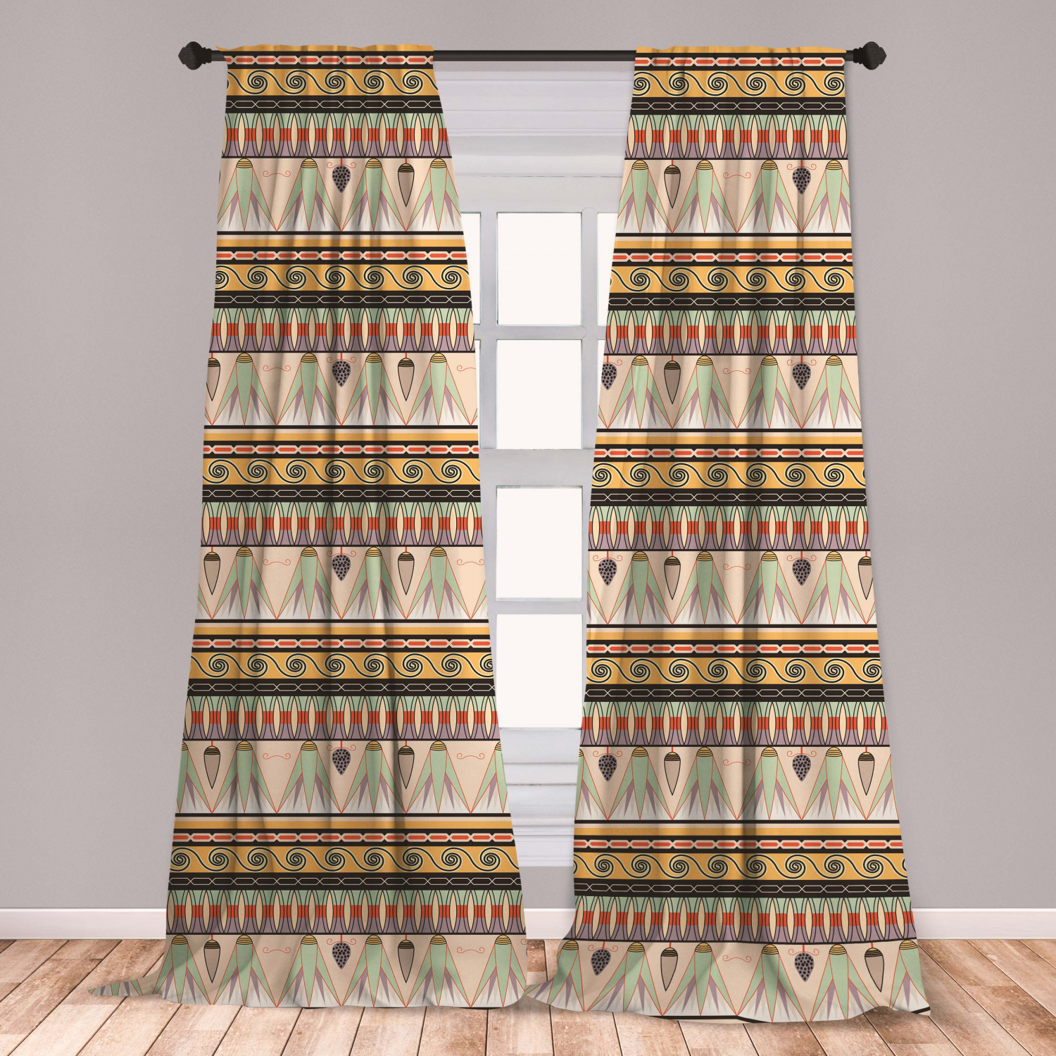 Egyptian Curtains 2 Panels Set, Colorful Abstract Borders Traditional