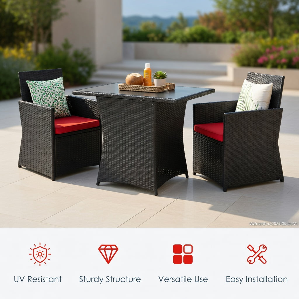 Hommoo 3-Piece Outdoor Rattan Patio Furniture Set with Red Cushions, Tempered Glass Table & Ergonomic Armchairs for Balcony, Porch, and Garden, Red