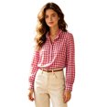 thumbnail image 2 of Women's Comfy Plaid Blouse Ruffle Collar Long Sleeve Button Front Regular Fit Weekend Wear Shirt, 2 of 7