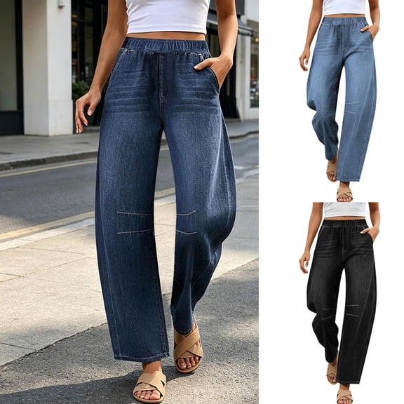 Women's Barrel Jeans Vintage Elastic Waist Loose Wide Leg Denim Pants Stitch Detail Y2K Casual Streetwear Denim Trousers with Pockets Light Blue