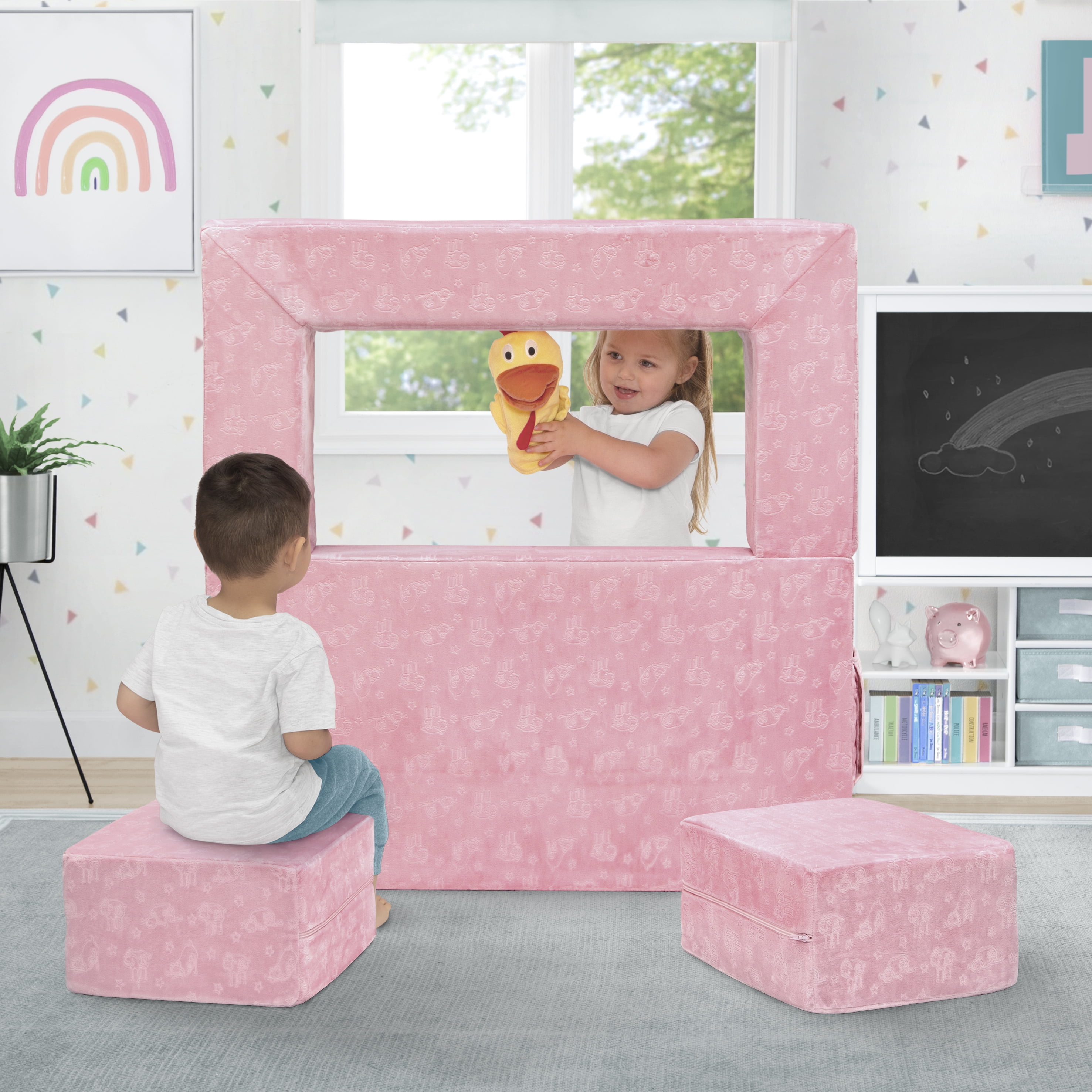 Serta Perfect Sleeper Convertible Sofa and Play Set – Modular Foam Couch and Flip Out Lounger with 2 Ottomans, Pink