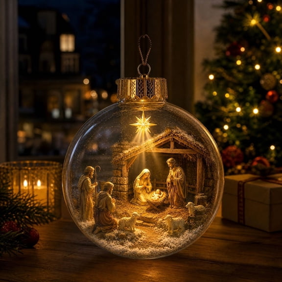 Cififendec Christmas Lighted Clear Bauble Ornament, 3.15", Illuminated Transparent Ball with Nativity Scene Figurine for Christmas Tree Suspending