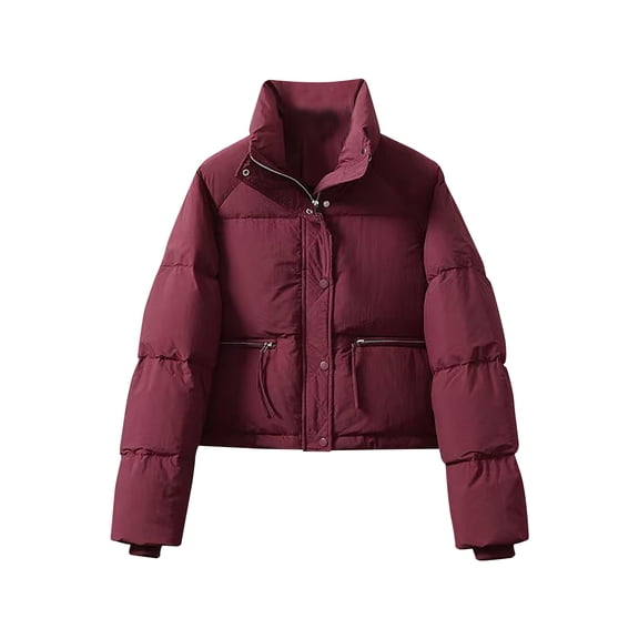 jtjvou Women's Vegan Leather Padded Bubble Short Down Coats Cropped Puffer Jacket Stand Collar Winter Thicken Warm Jacket for Women Red,XL